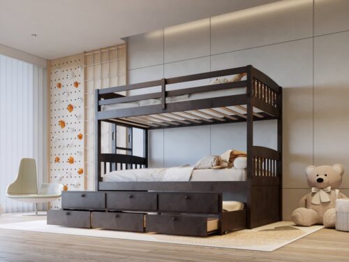 BB40 TWIN/TWIN Bunk Bed w/Twin Trundle + 3 Drawers Espresso