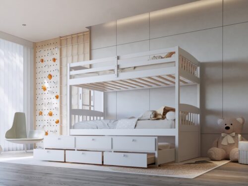 BB41 TWIN/TWIN Bunk Bed w/Twin Trundle + 3 Drawers White