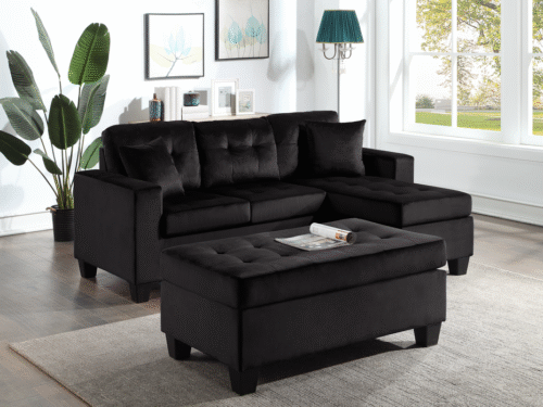 Naomi Black Velvet - Reversible Sectional & Ottoman Set